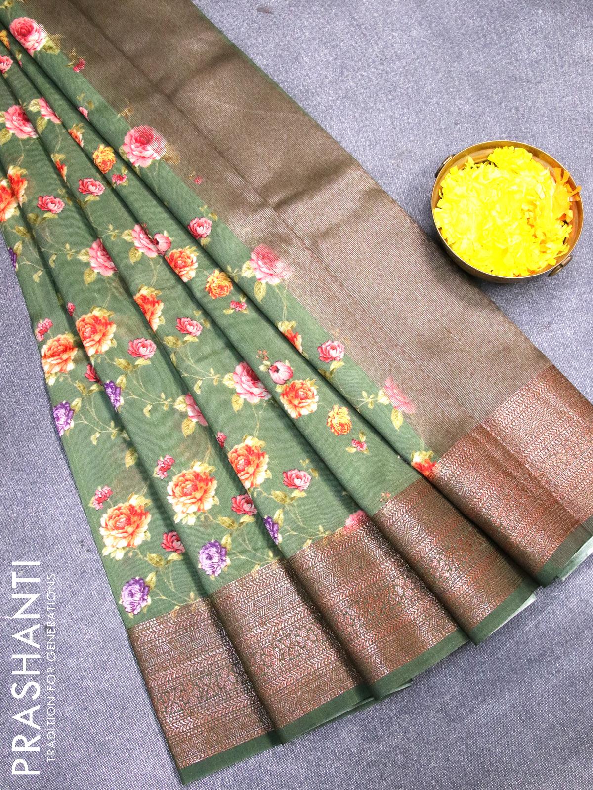 Chanderi silk cotton saree green shade with allover floral digital prints and woven border