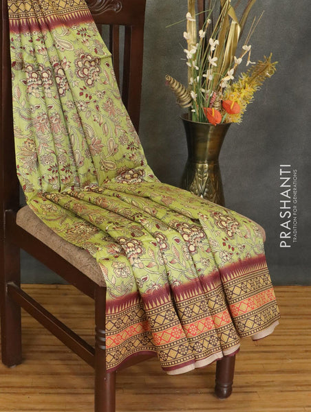 Kalamkari cotton saree maroon and green with allover prints and printe – Prashanti  Sarees