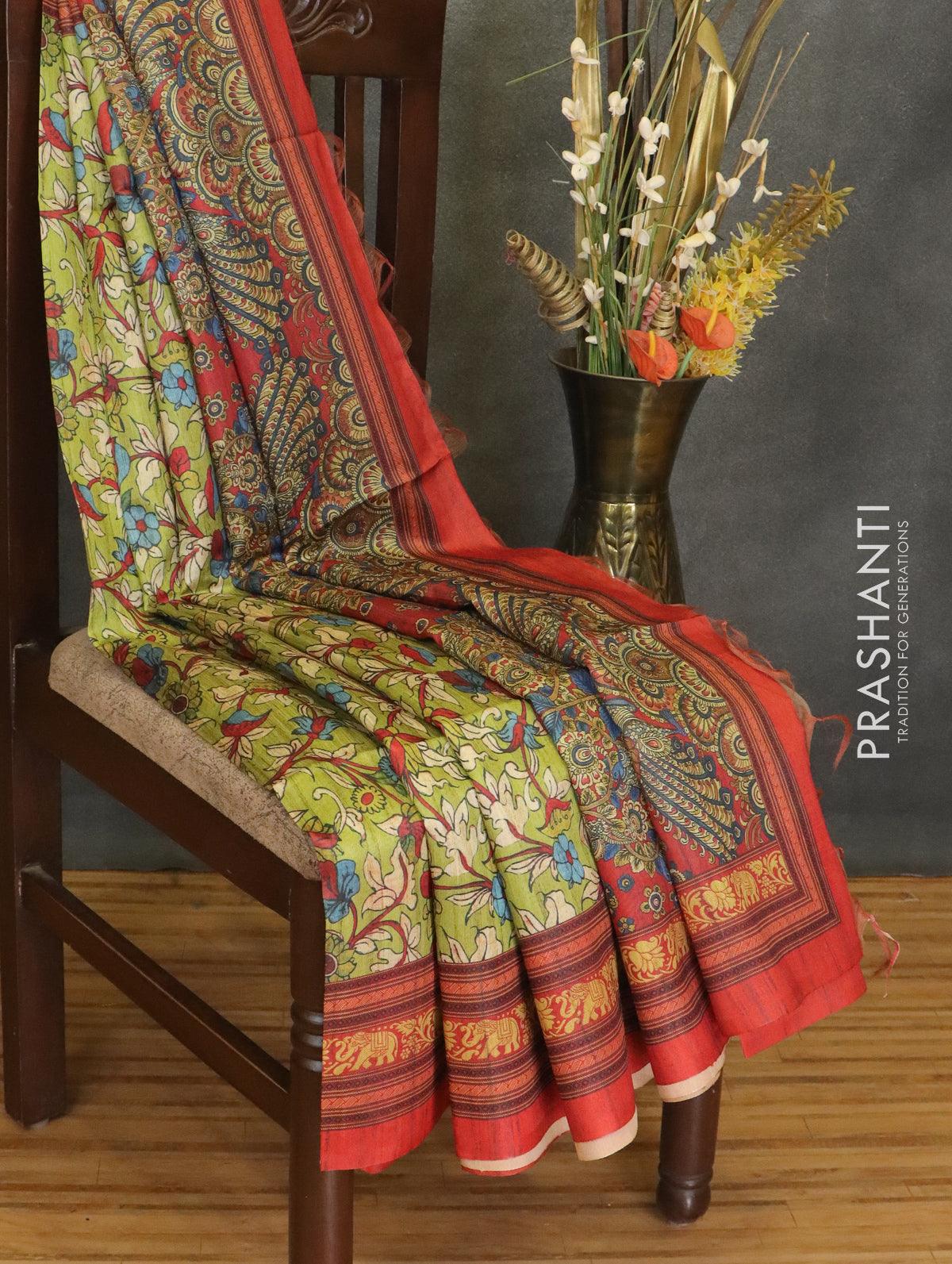 Kalamkari cotton saree beige and light green with allover prints and p –  Cherrypick