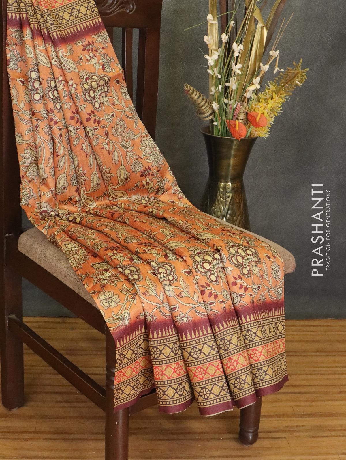 Kalamkari cotton saree green and beige with allover batik prints and p –  Cherrypick