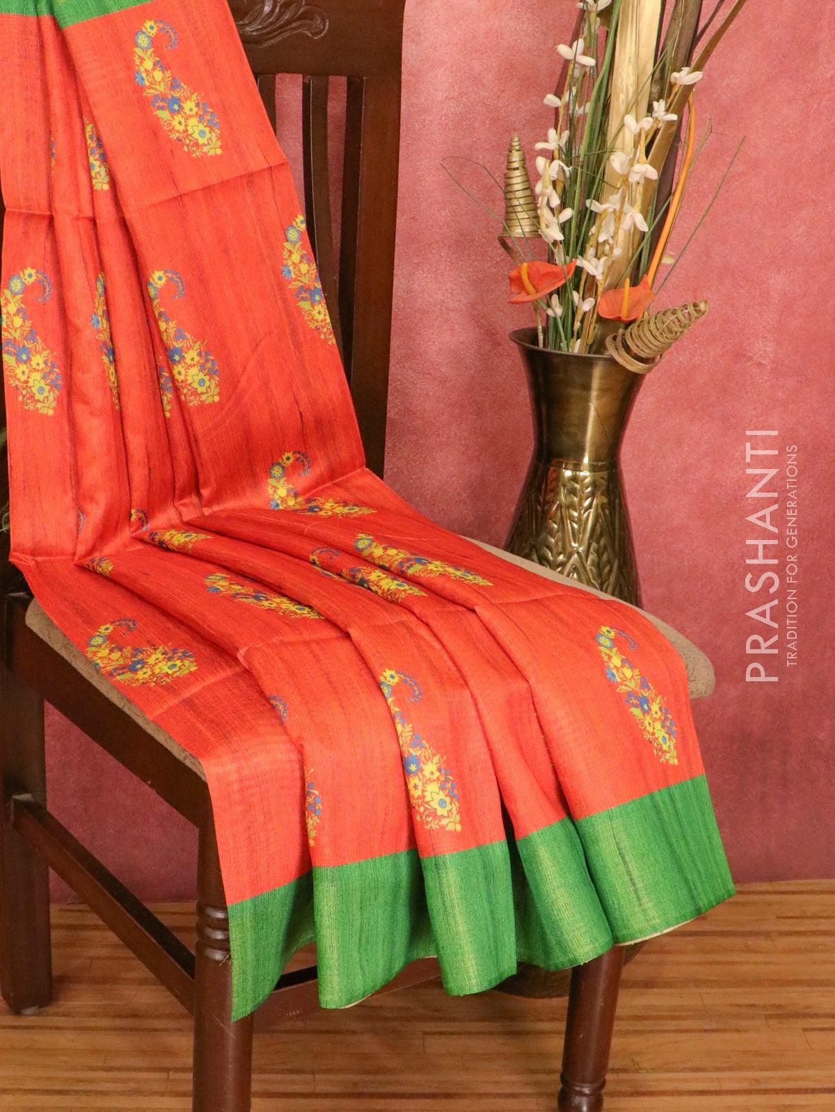 Silk cotton saree parrot green and pink with piping border and embroid – Prashanti  Sarees