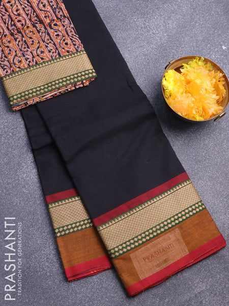 Bottle green silk saree with hand worked kalamkari blouse – Threads