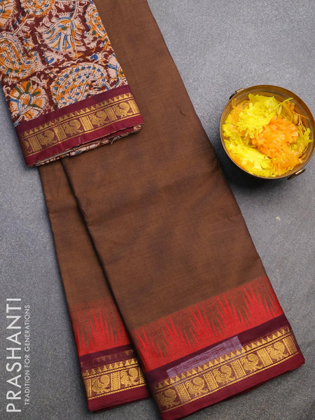 Brown Handwoven linen saree with silver border and Kalamkari applique