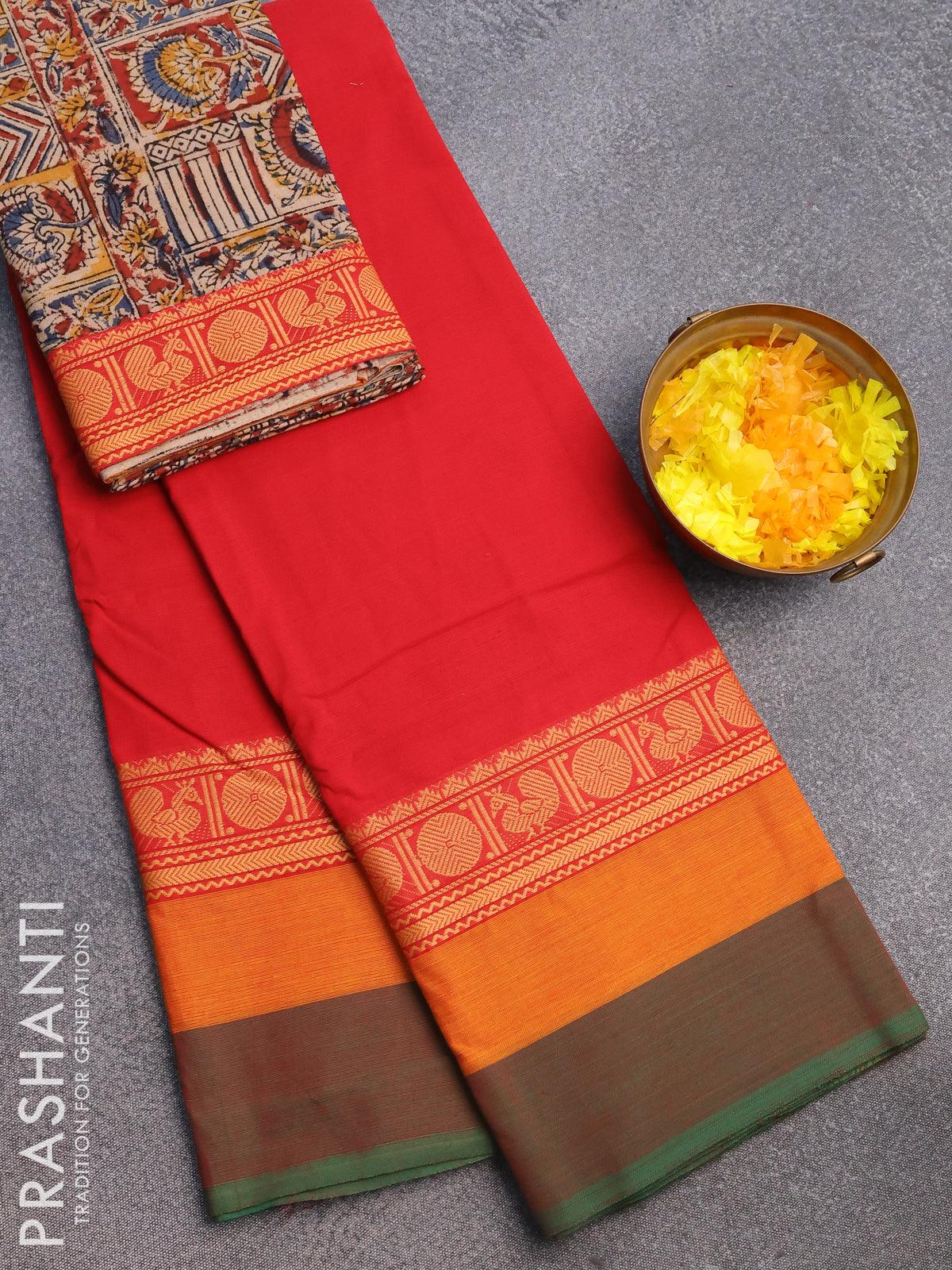 Cherry red plain design Chettinad cotton saree with contrast traditional  design border & pallu of stripe designs