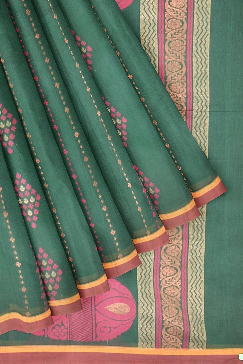 Sandal Coimbatore Cotton Saree with unique buttas, thread border & pallu  with intricate designs