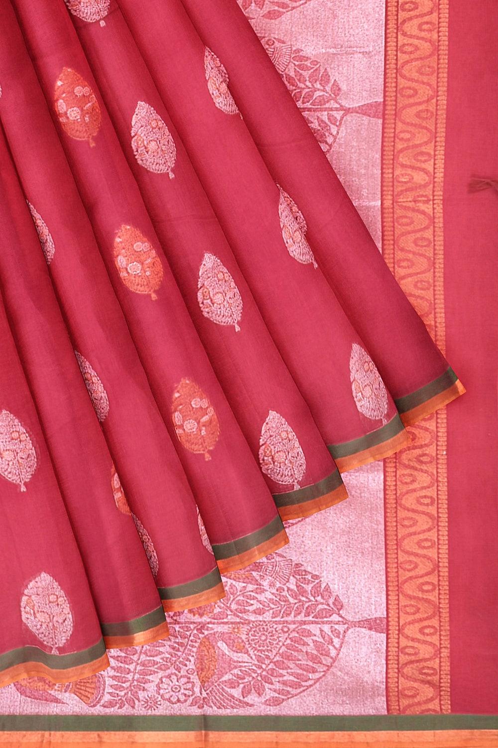 Light Mauve Combination Of Rich Maroon & Military Green Kovai Cotton Sarees  With Thread Tassels