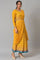 Yellow Glitter Printed Festive Saree Dress With Belt