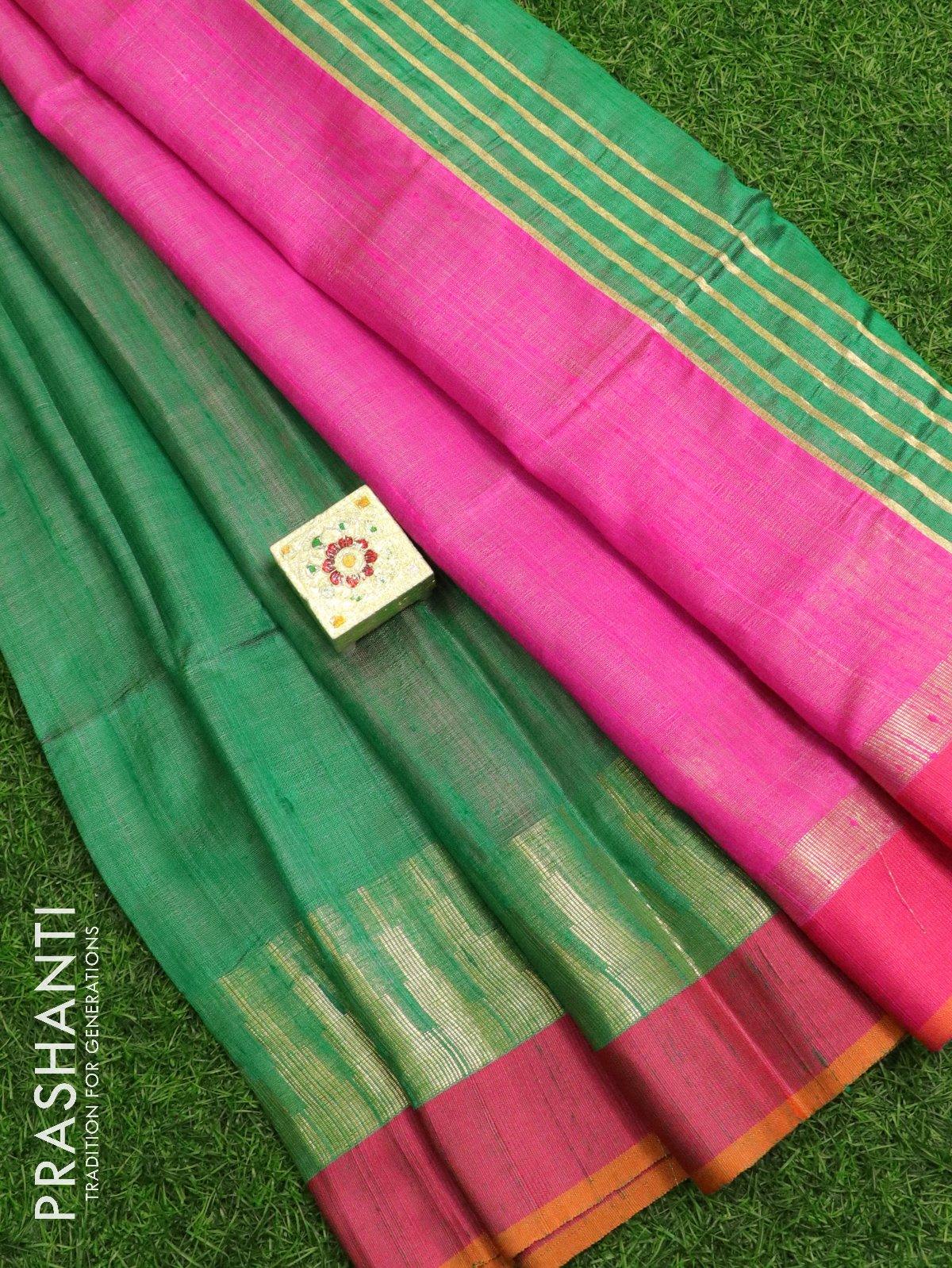 Leaf Green Pochampally Design Silk Saree with Plain Zari Border|Saree -Diademstore.com