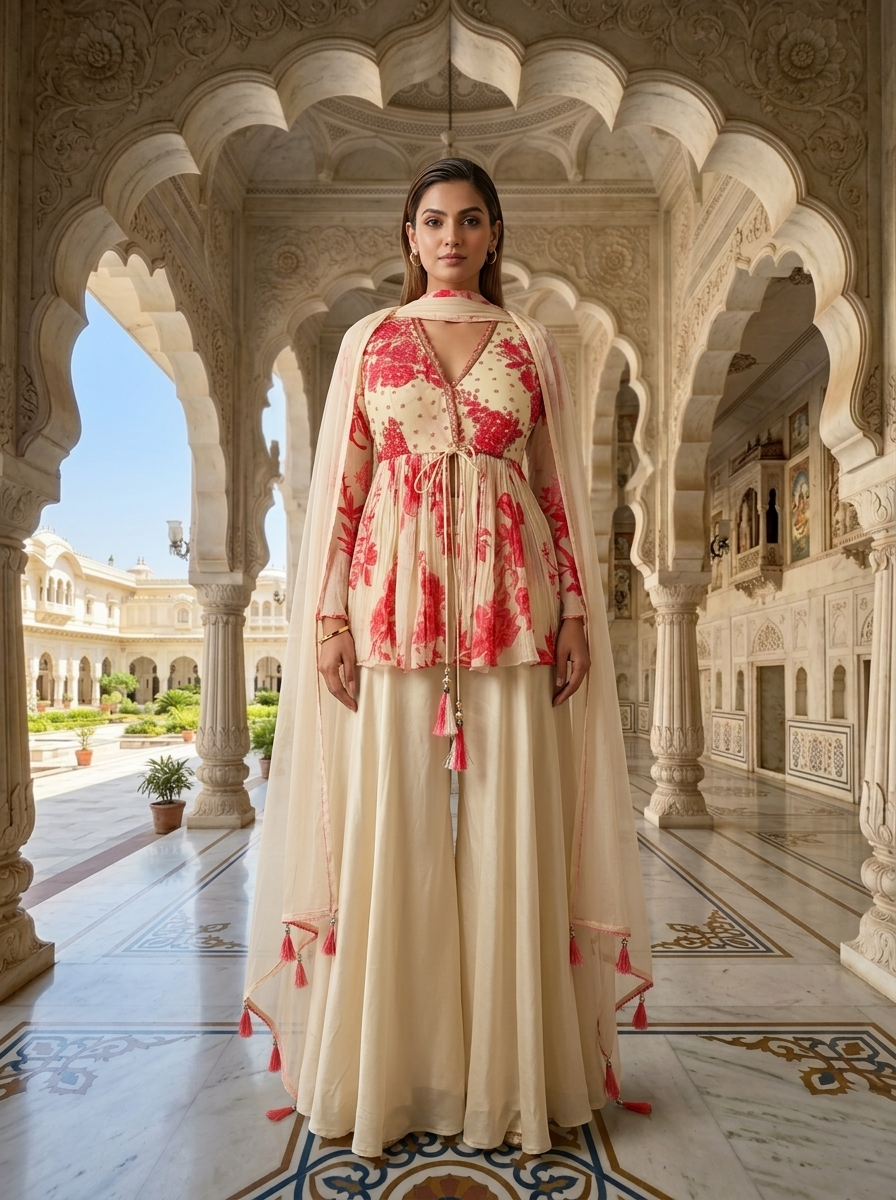 Beige Georgette Heavy Sequins And Beads Embroidered Kurti And Palazzo Set