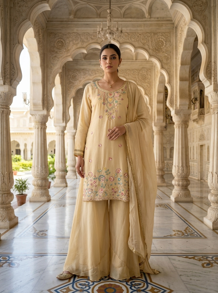 Beige Chinon Heavy Beads And Sequins Embroidered Three Piece Set