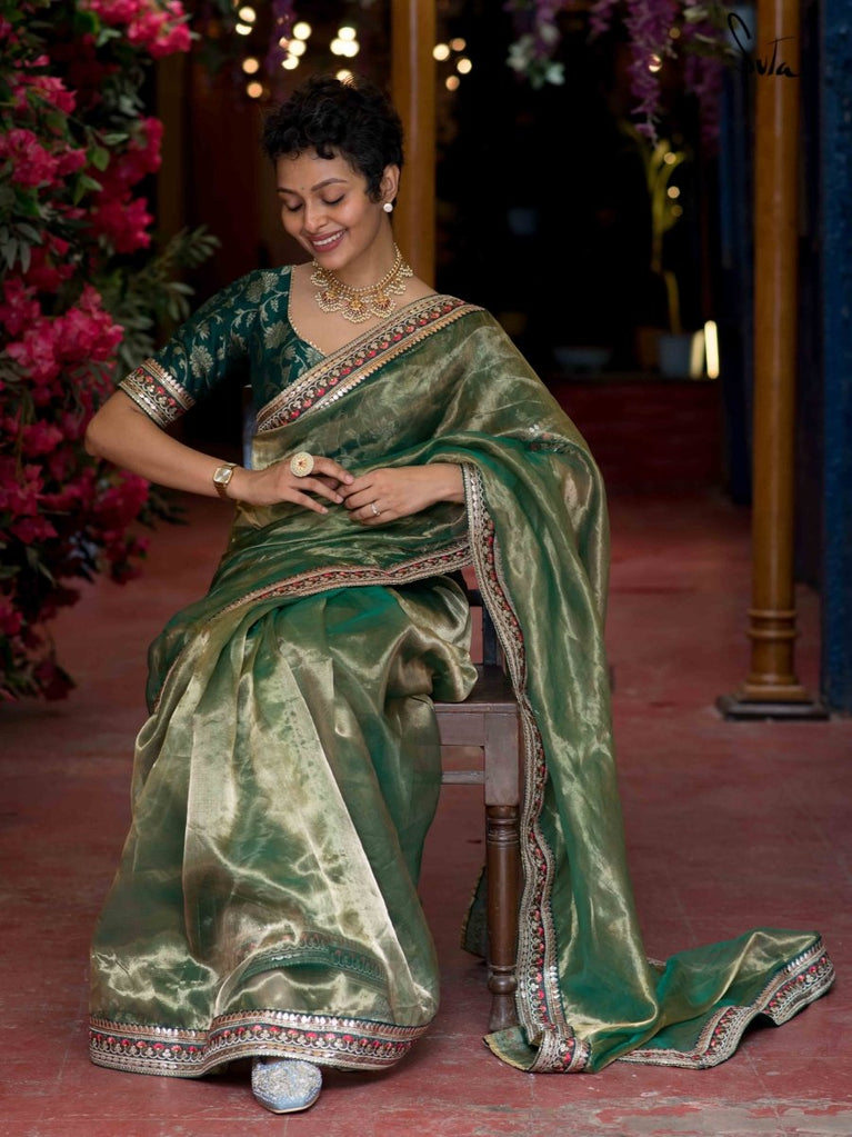 Shop Solid Pine Green Silk Designer Saree Blouse with Dori Ties
