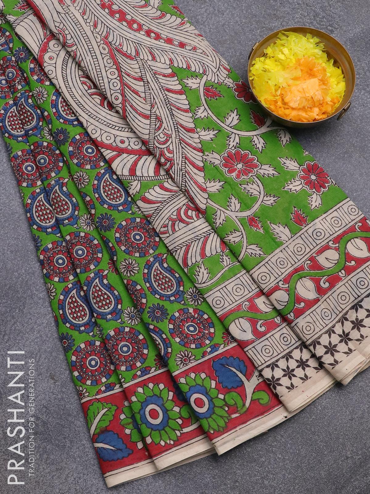 Kalamkari semi silk saree green and pink with allover pichwai prints a –  Cherrypick
