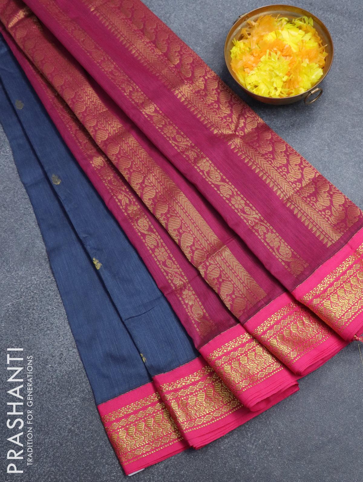 Kalyani cotton saree dark blue and pink with zari woven buttas and