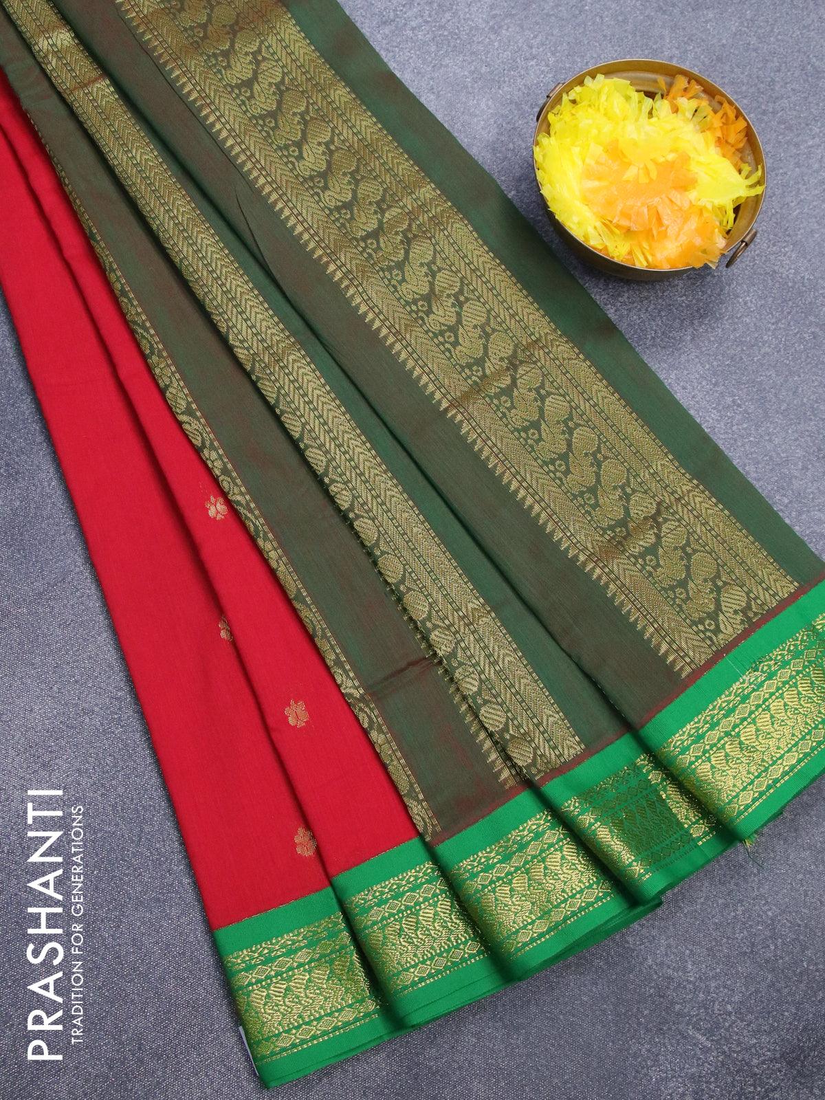 Kalyani cotton saree red and green with zari woven buttas and zari wov –  Cherrypick