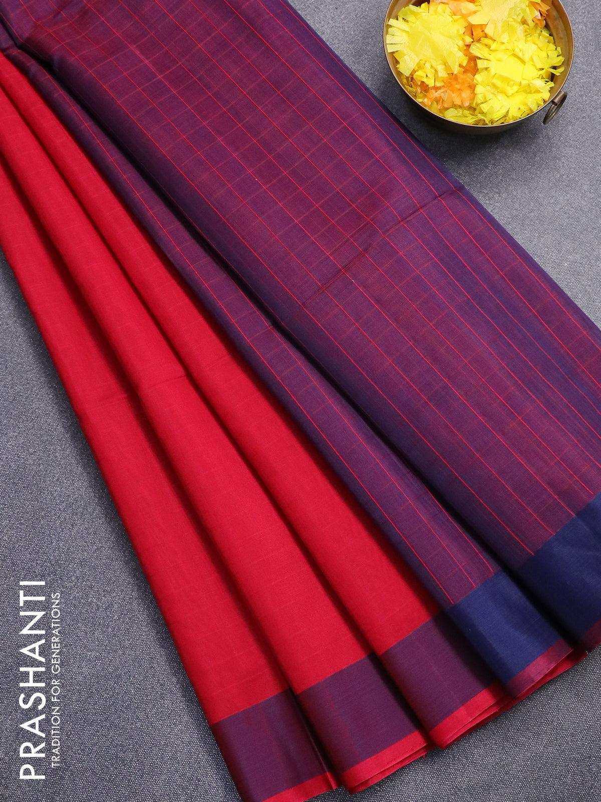 Kora silk cotton saree red and blue with allover stripe pattern and si –  Cherrypick