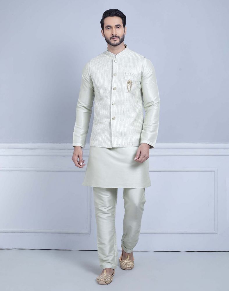 Pista,Cream Colour Banarasi Silk Men's Kurta Pajama Jacket.