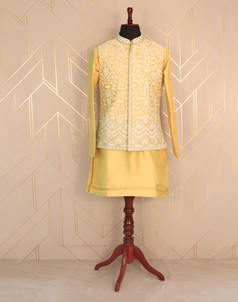 Party Wear Yellow color Blended fabric Kurta Pyjama with Jacket : 1885461