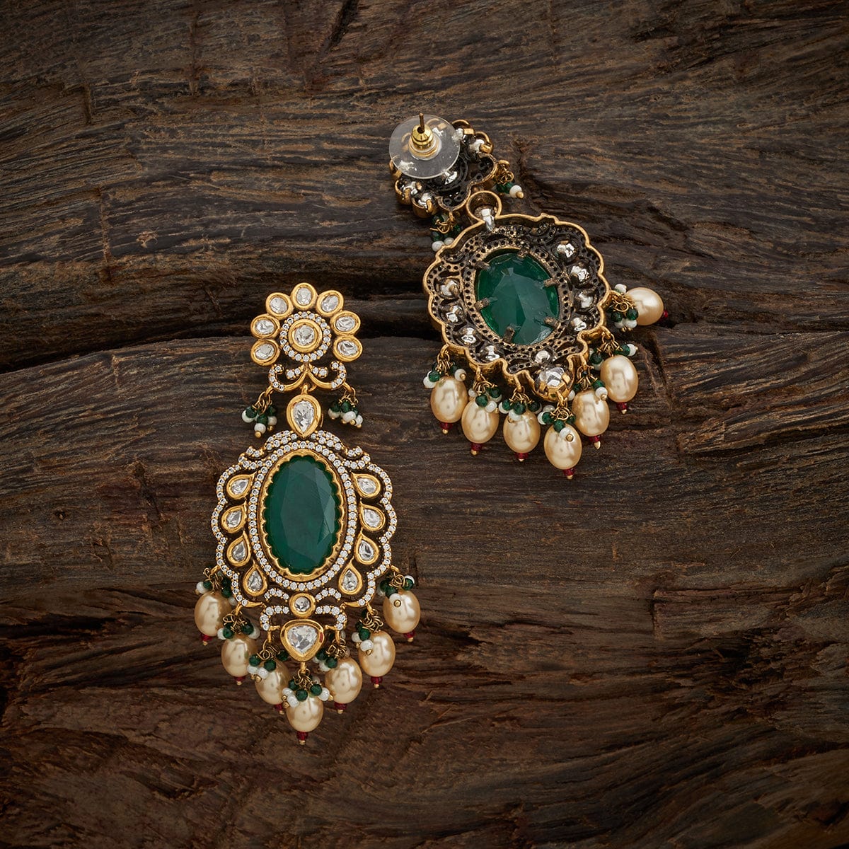 Long stylish kundan and cz earrings with pearl and emerald strings -