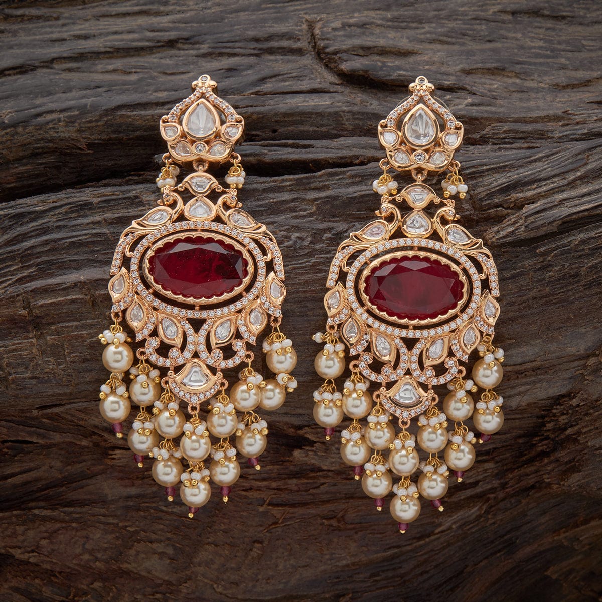 Floral Kundan Pearl Beaded Gold-Plated Chandbali Earrings – Priyaasi