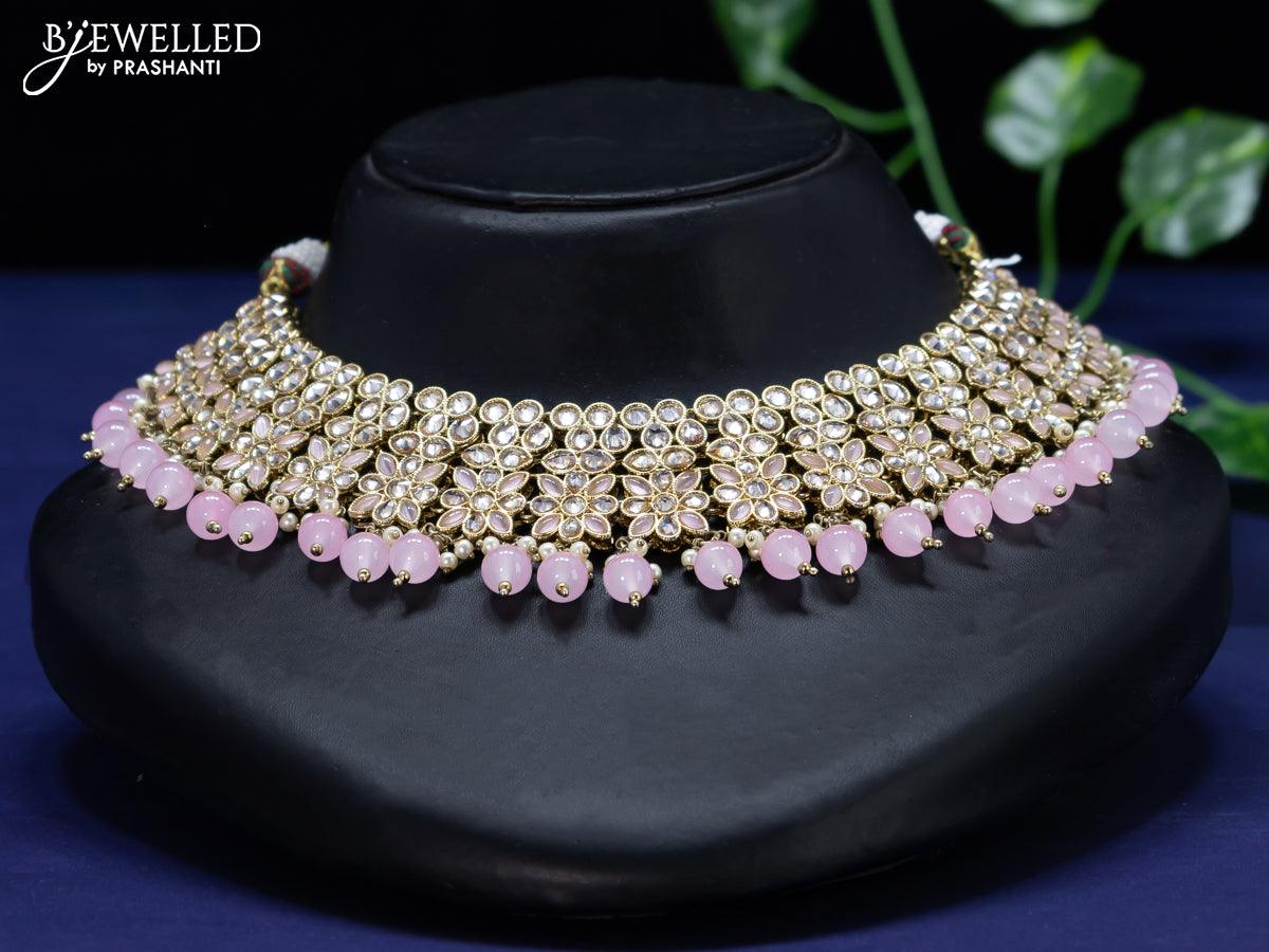 Pink beads necklace with polki pendant - Indian Jewellery Designs