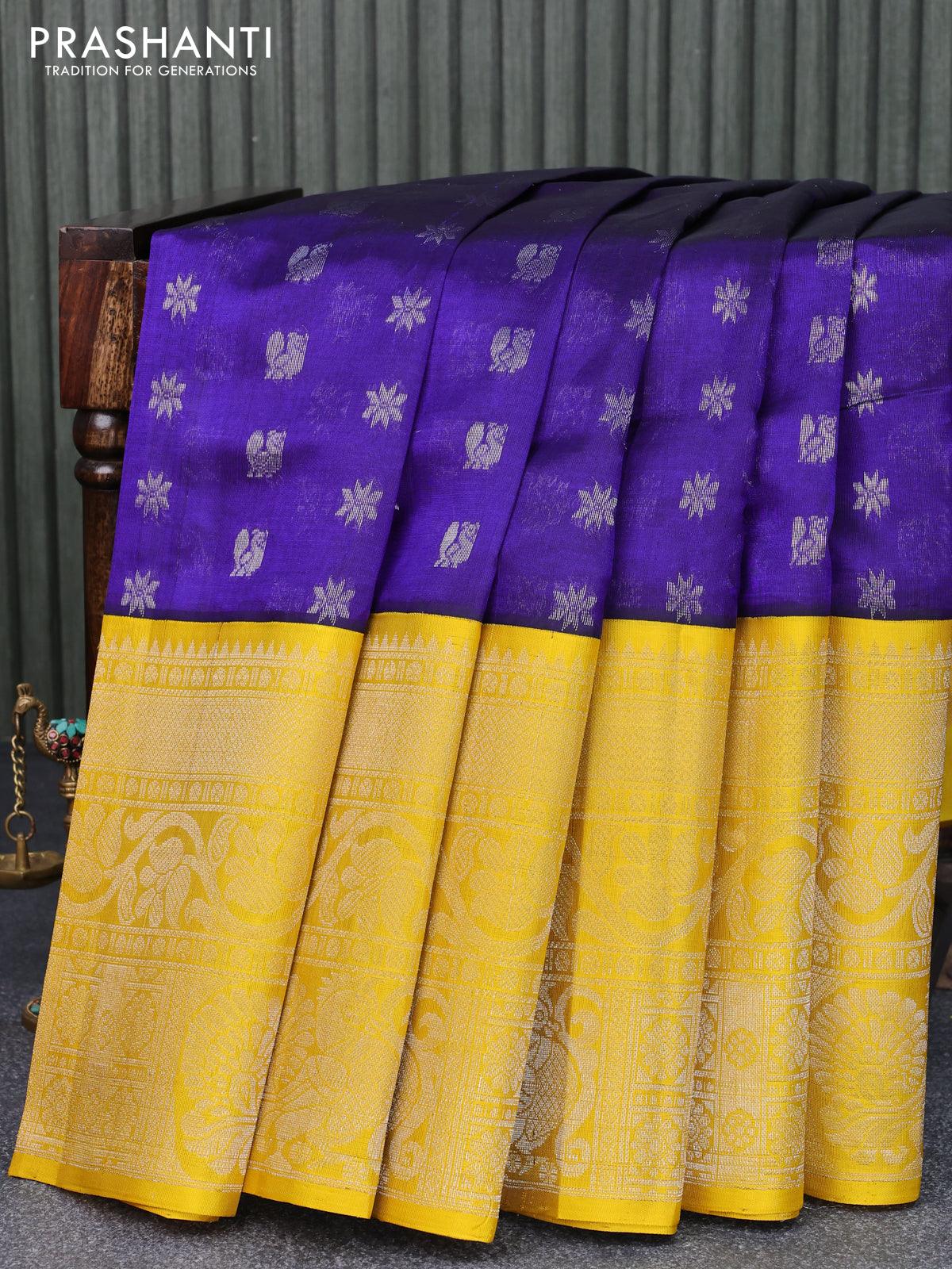 Buy Violet Handwoven Kanjivaram Silk Pavadai and Yellow Dupatta T253312