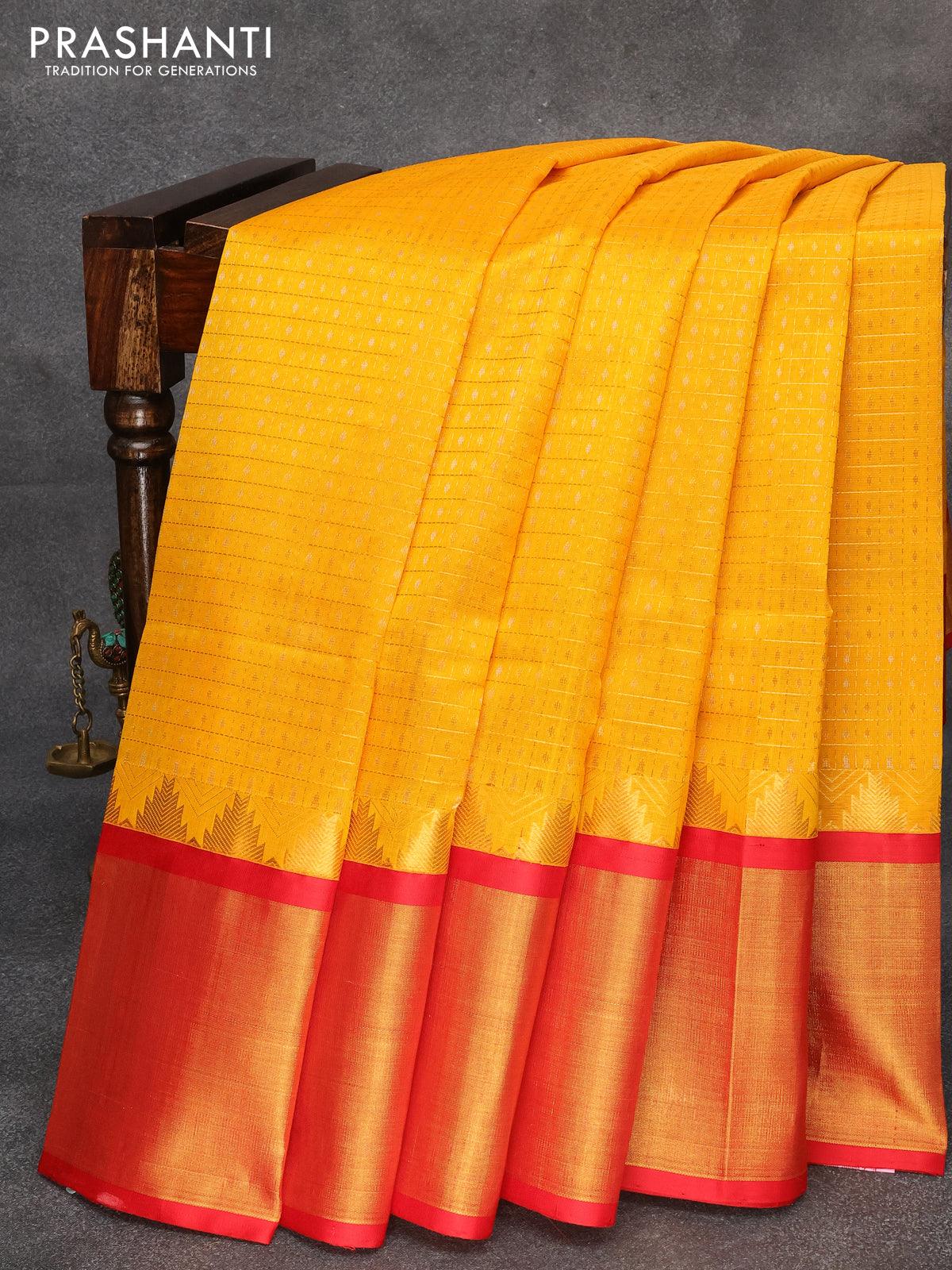 Buy Sajasajo Yellow Blended Cotton Hand Woven Saree With Red Border And  Unstitched Blouse online