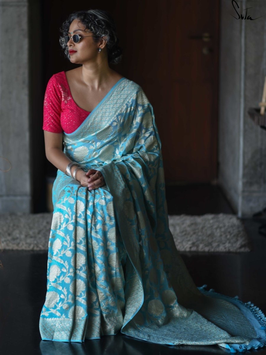 Unnati Silks Light Blue Cotton Woven Saree With Blouse