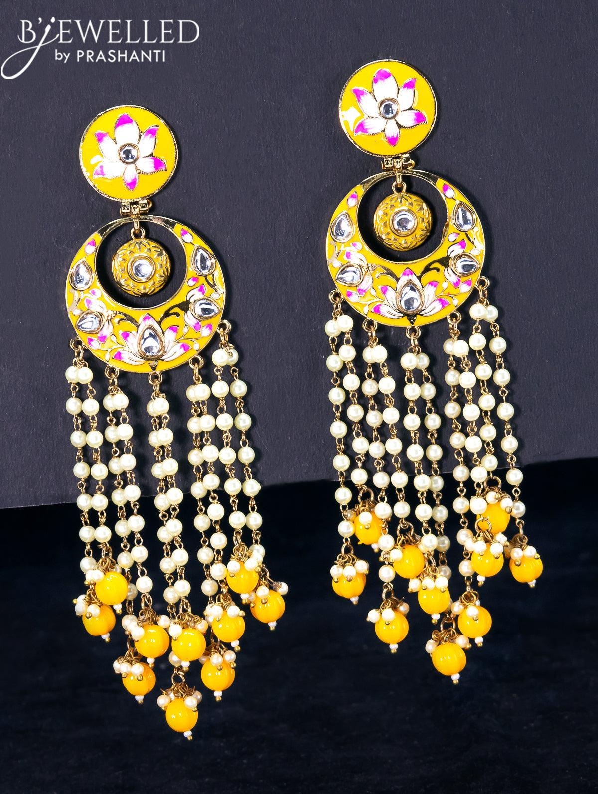 light weight chandbali yellow minakari earrings with pearl and beads hangings prashanti