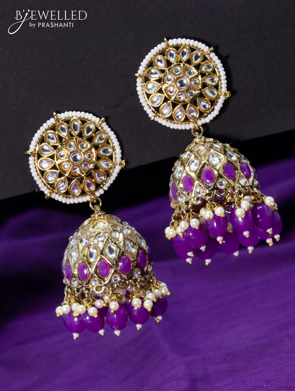 light weight jhumkas violet and cz stone with beads hangings prashanti