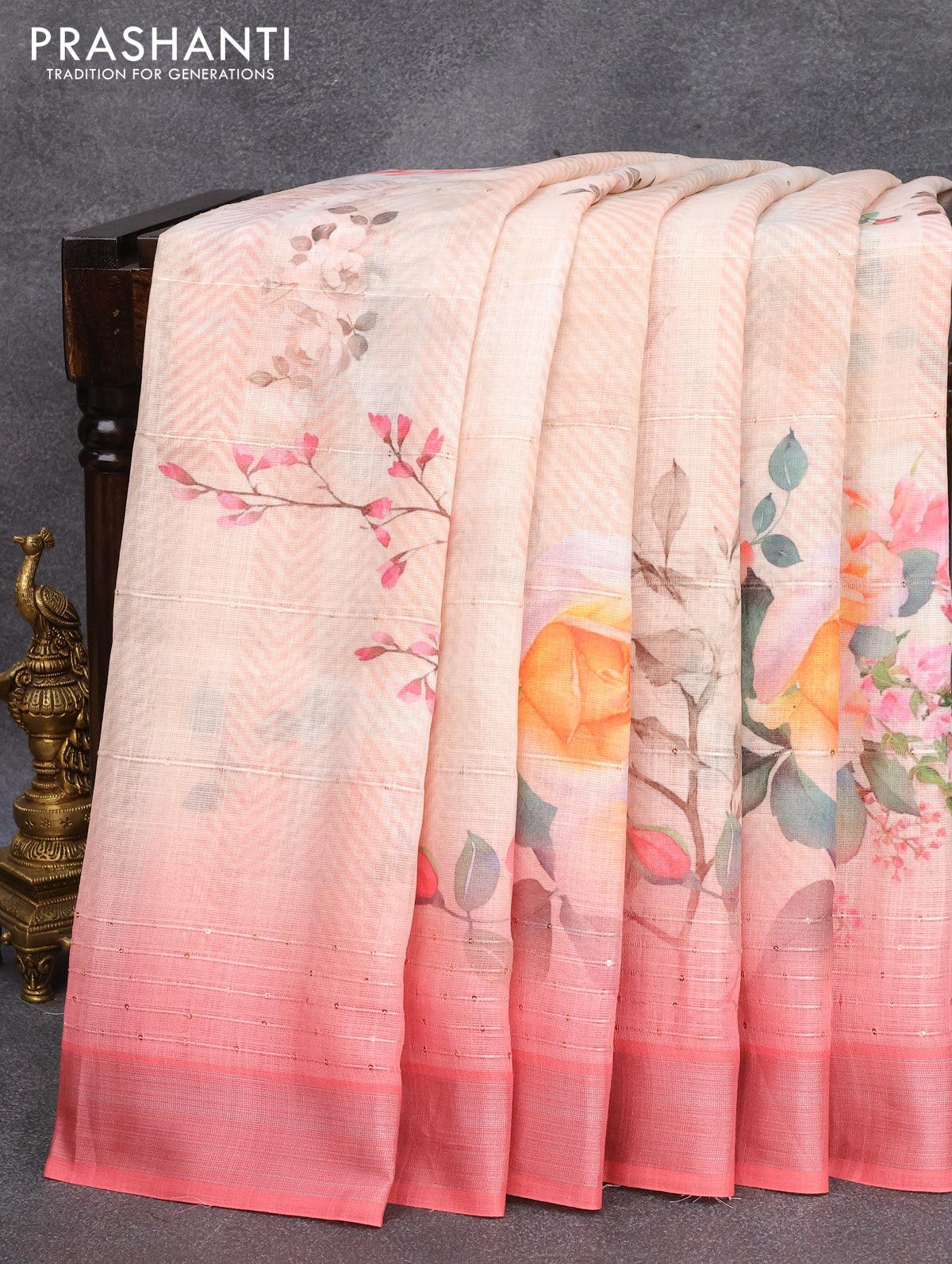 Pure linen saree brown with allover batik prints and silver zari woven  border at 405000 by Prashanti – Prashanti Sarees