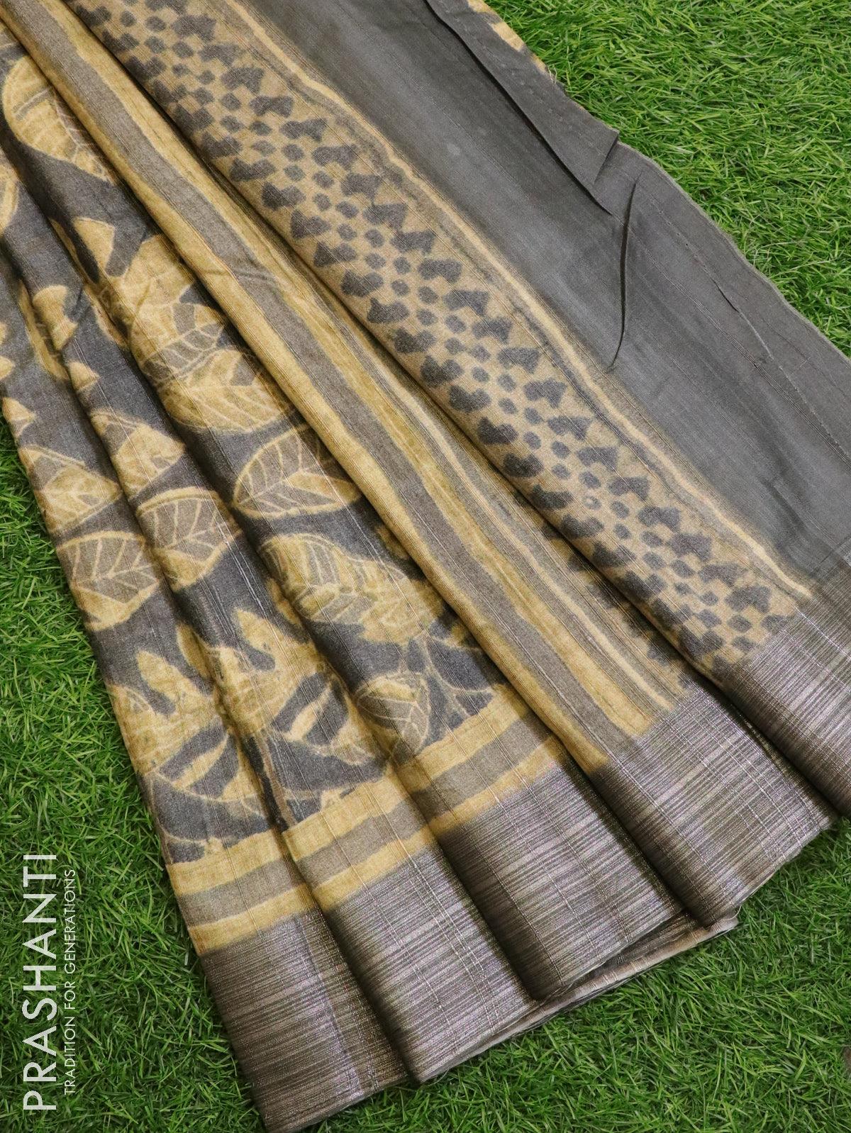 Matka silk saree grey with allover digital prints and zari woven border