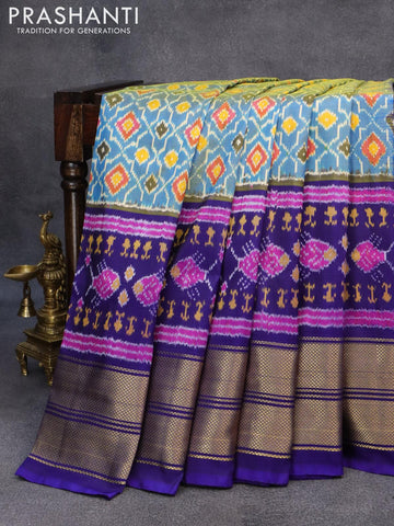 Pochampally silk saree dual shade off cs blue and blue with allover ikat weaves and long zari woven border