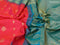 Pure gadwal silk saree dual shade of pinkish orange and teal blue with allover zari woven buttas and temple design long zari woven border