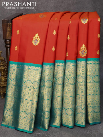 Pure gadwal silk saree orange and teal blue with zari woven buttas and long zari woven border