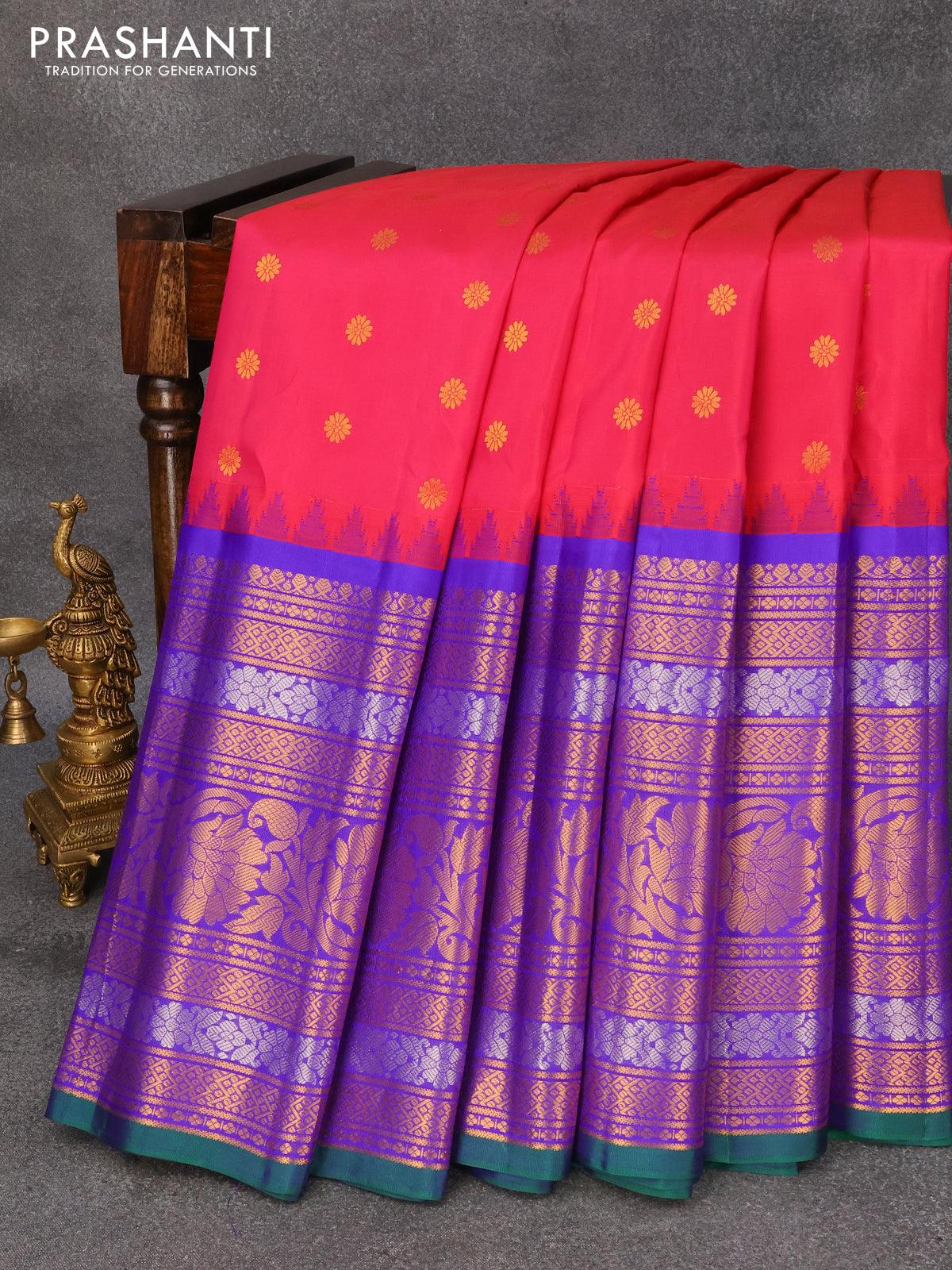 Pure gadwal silk saree pink and blue with allover zari woven buttas and temple design long rich zari woven border