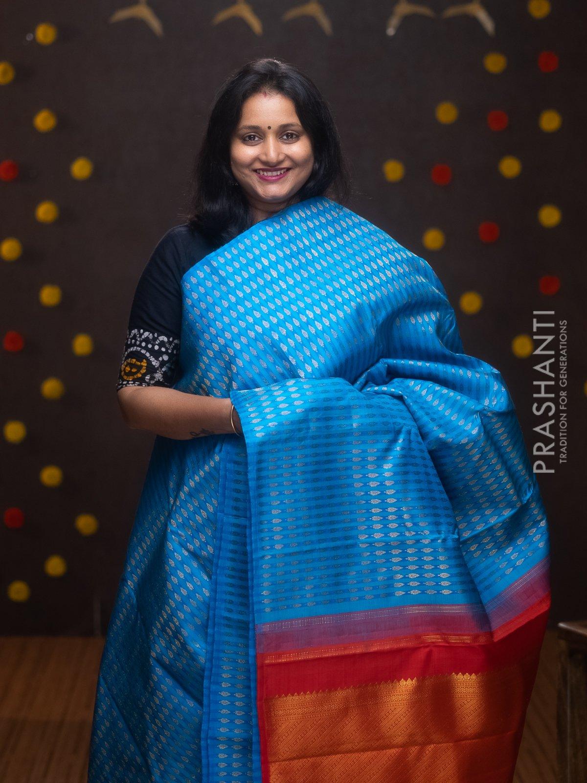 Tango Orange and Blue Zari Woven Kanjivaram Saree – MySilkLove