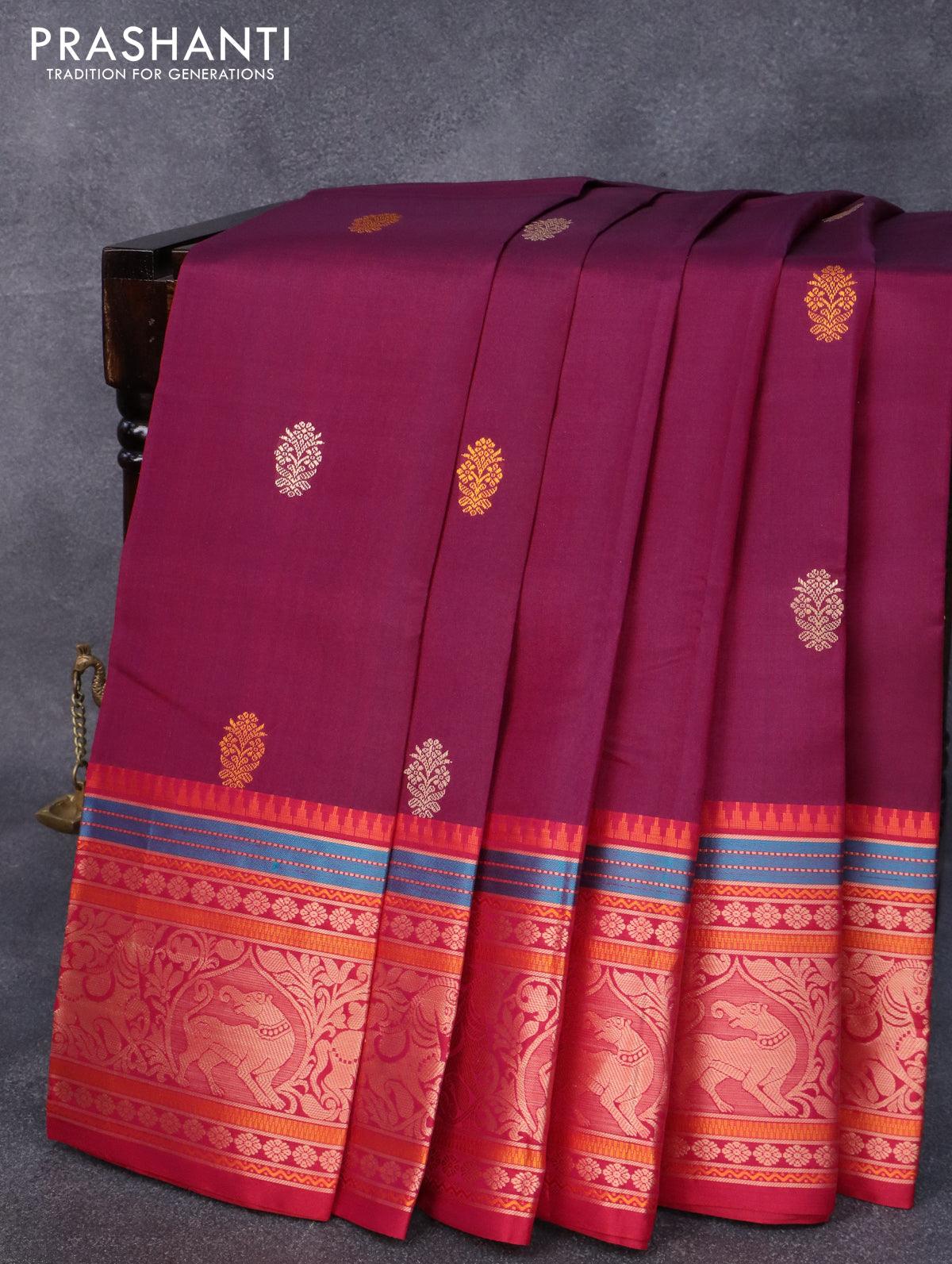 Pure kanjivaram silk saree dark magenta pink and pink with thread woven buttas and thread woven border