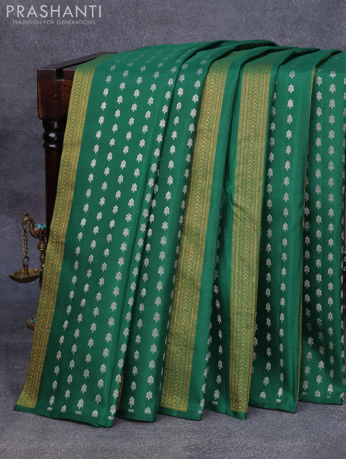 Pure kanjivaram silk saree green with allover zari weaves in borderless style