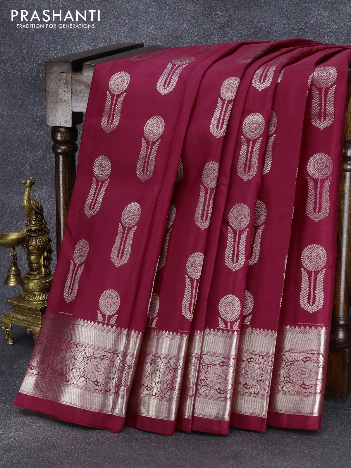 Handloom Maroon Kadhwa Booti Saree with Silver Zari – WeaverStory