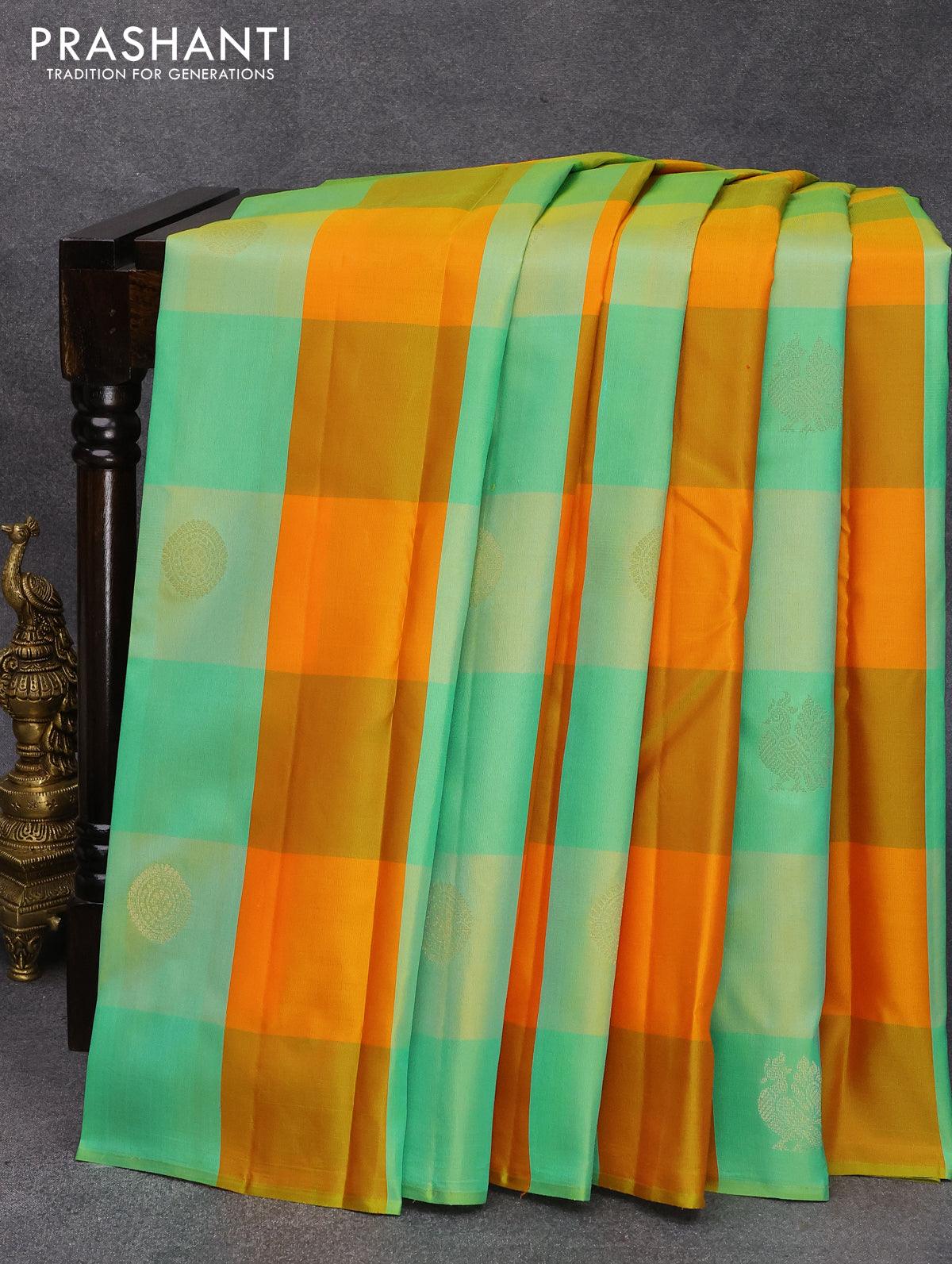 pure kanjivaram silk saree multi colour and dual shade of pinkish orange with allover paalum pazhamum checks and buttas in borderless style prashanti sarees 1