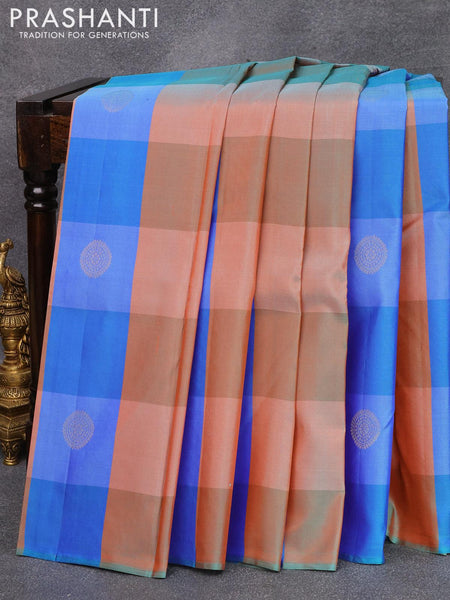 pure kanjivaram silk saree multi colour and dual shade of pinkish orange with paalum pazhamum check and zari buttas in borderless style prashanti sarees 1 28858825703622 grande