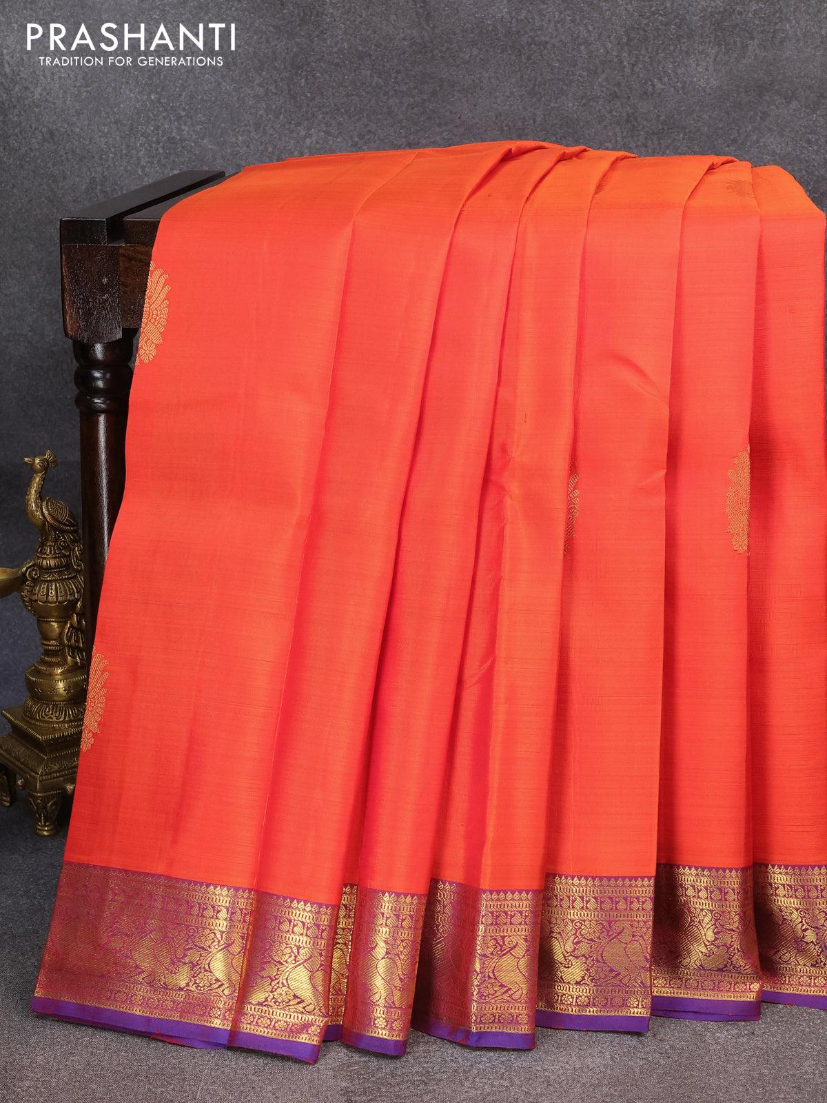 Fuscia Pink And Orange Kanjivaram Silk Saree - Shaaola.com