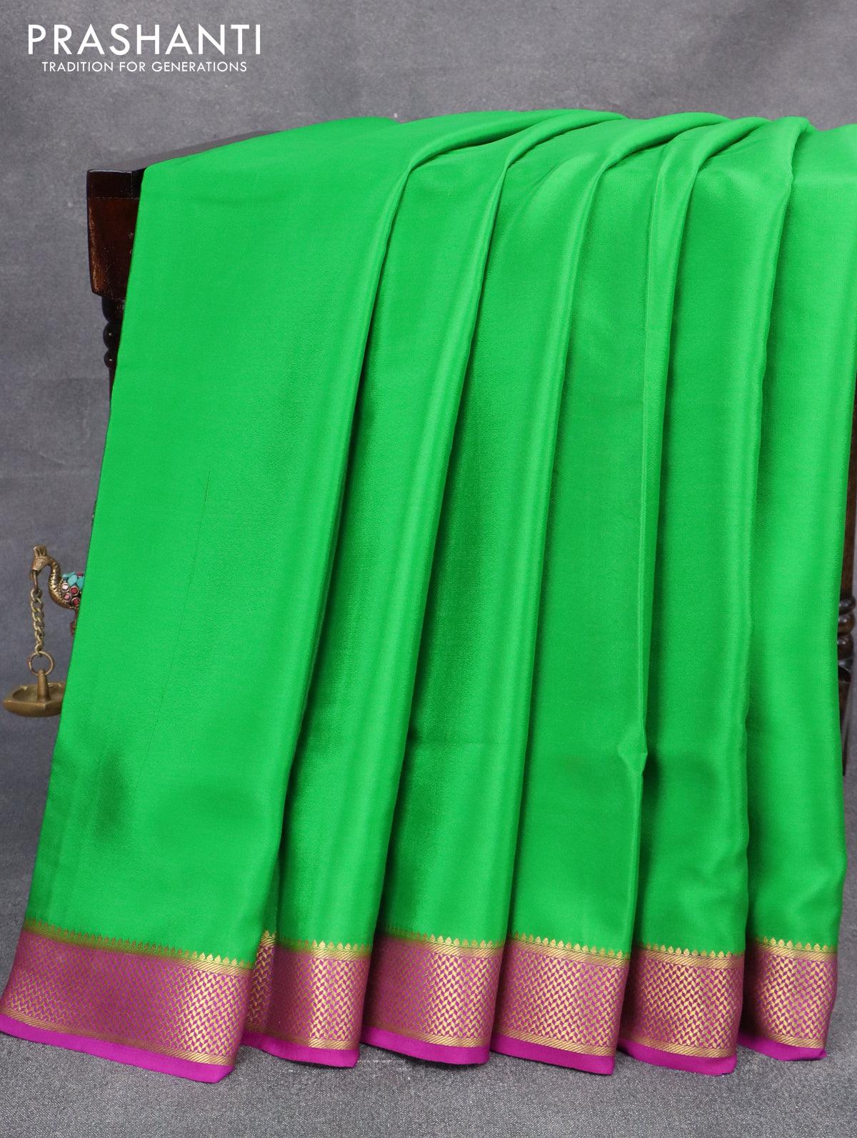 Emerald Green Mysore Silk Saree with polka dots all over the saree,  contrast border & pallu features floral jaal design