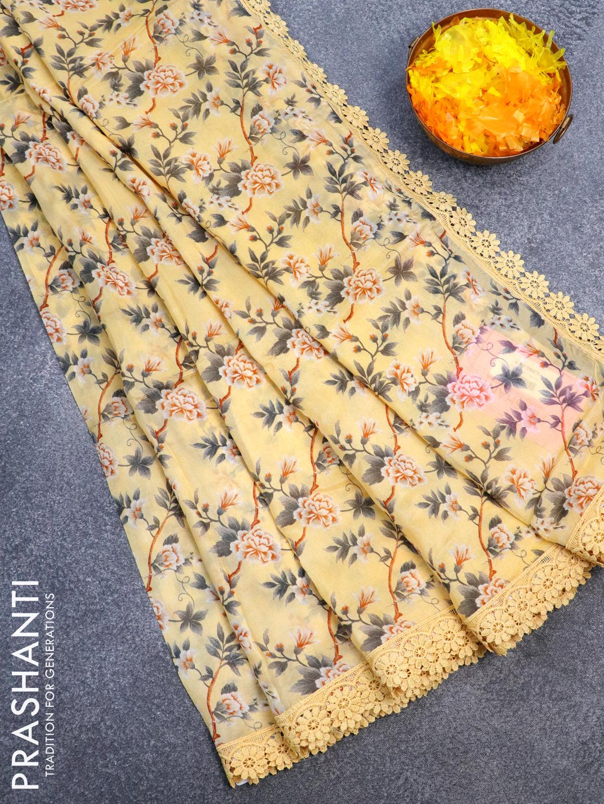 Pure organza saree yellow with allover floral prints and crocia lace w –  Cherrypick