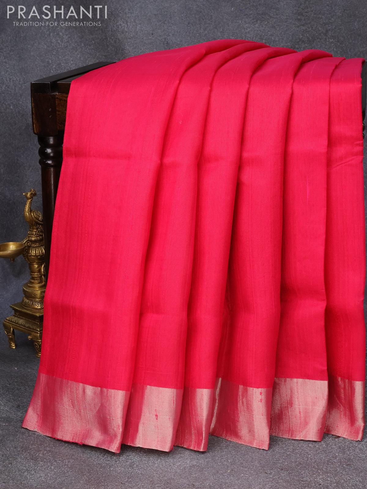 Pure raw silk saree dar blue and magenta pink with plain body & ikat w –  Cherrypick