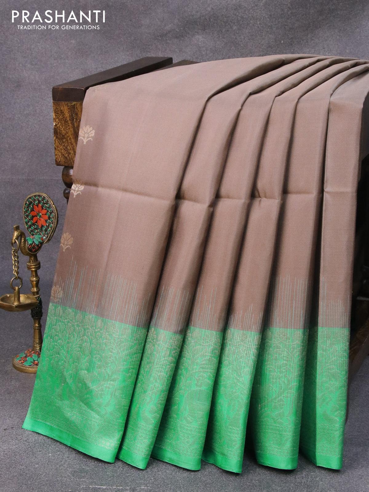 Pure soft silk saree grey shade and teal green shade with zari woven floral buttas and zari woven border