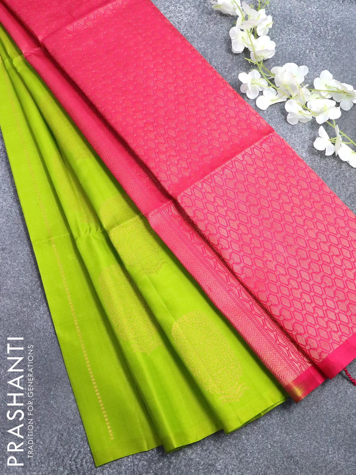 Pure soft silk saree lime green and pink with allover zari weaves in borderless style