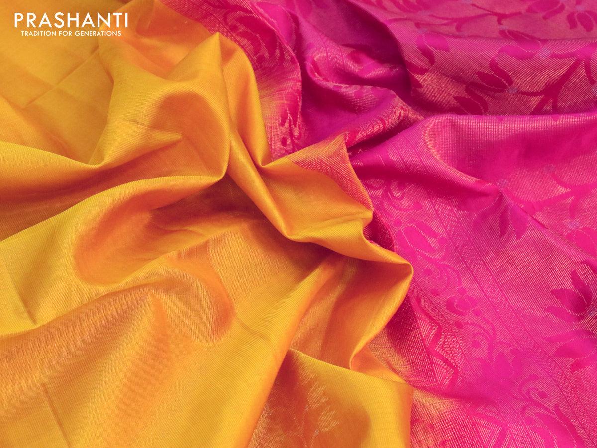 Banarasee Handwoven Semi Silk Saree With Contrast Border-Yellow & Pink