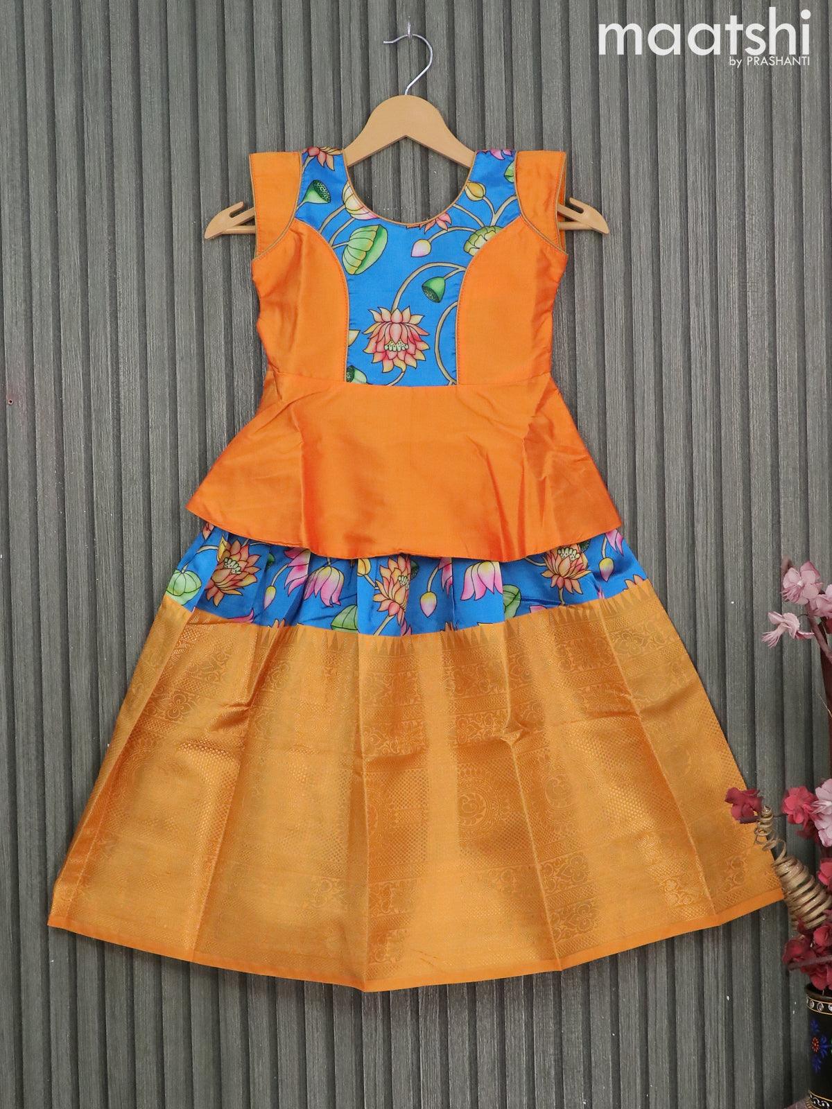 Raw silk readymade kids lehenga orange and blue with patch work neck p –  Cherrypick