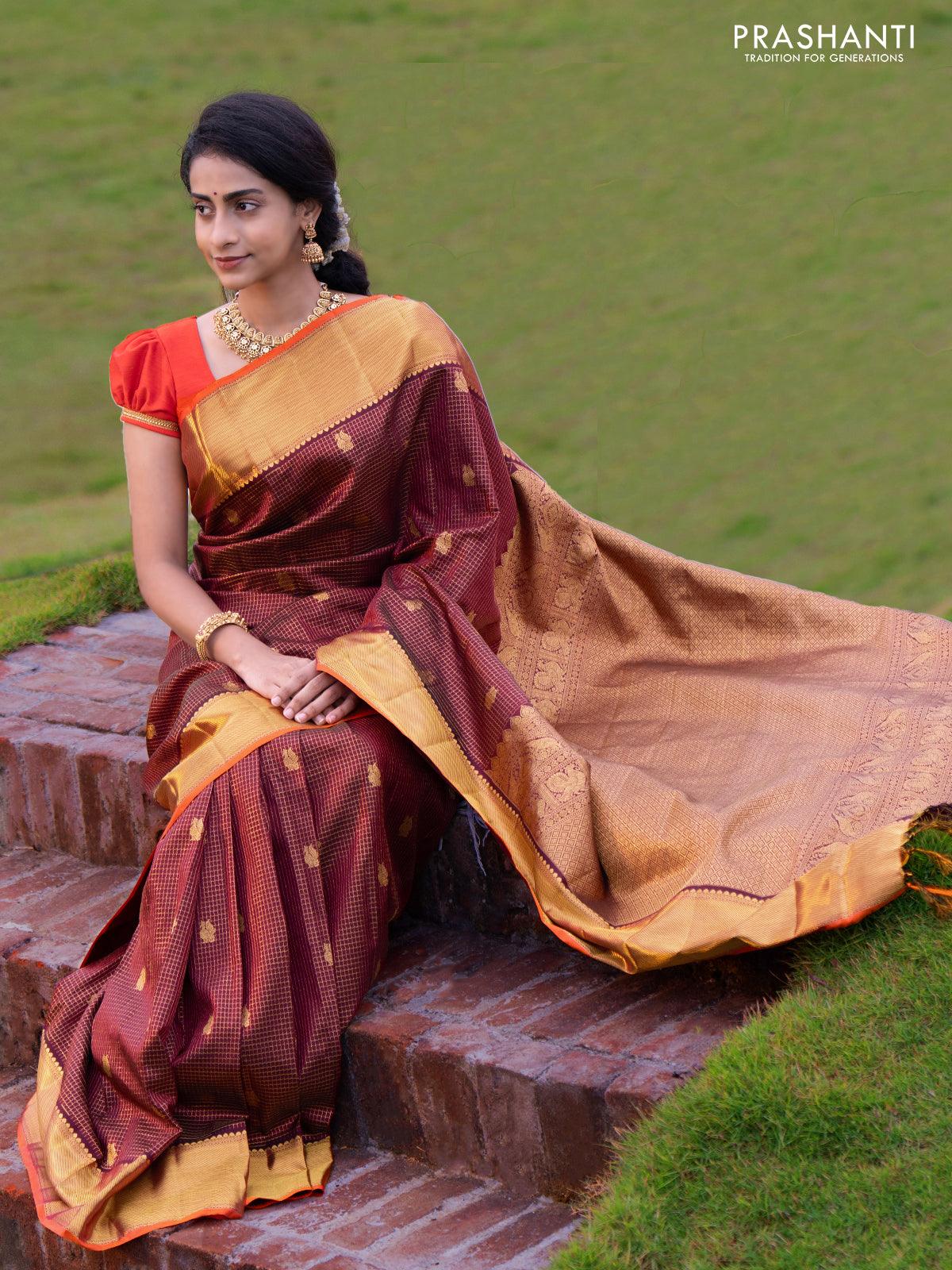 Stunning Maroon Colour Saree With Rama Border & Heavy Brocade Blouse  Banarasi Beautiful Zari Work In Form Of Traditional Motifs Soft Silk Saree